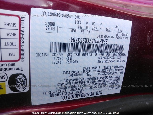 3FAHP0JA7CR253784 - 2012 FORD FUSION SEL RED photo 9