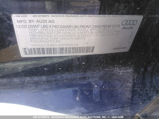 WAULC68EX3A269626 - 2003 AUDI A4 1.8T QUATTRO Dark Blue photo 9