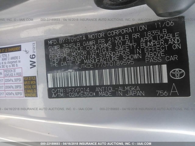 JTKDE177370189595 - 2007 TOYOTA SCION TC 银色 照片 9