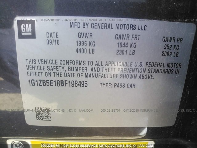 1G1ZB5E18BF198495 - 2011 CHEVROLET MALIBU LS 深棕色 照片 9