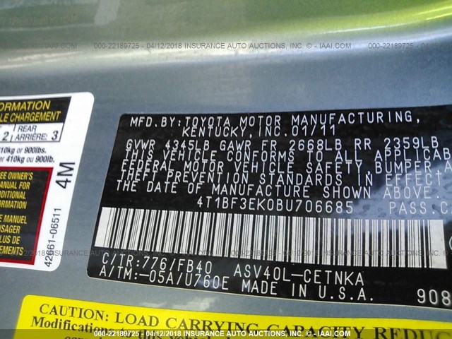 4T1BF3EK0BU706685 - 2011 TOYOTA CAMRY SE/LE/XLE TEAL photo 9