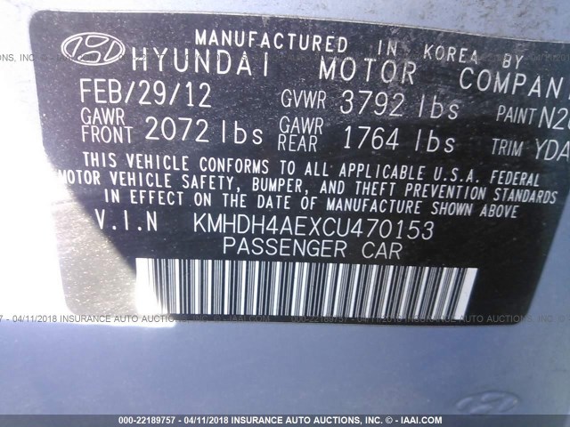 KMHDH4AEXCU470153 - 2012 HYUNDAI ELANTRA GLS/LIMITED BLUE photo 9