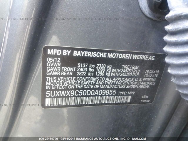 5UXWX9C50D0A09855 - 2013 BMW X3 XDRIVE28I GRAY photo 9