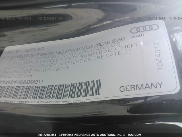 WAUGMAF49HN064911 - 2017 AUDI A4 ULTRA PREMIUM BLACK photo 9