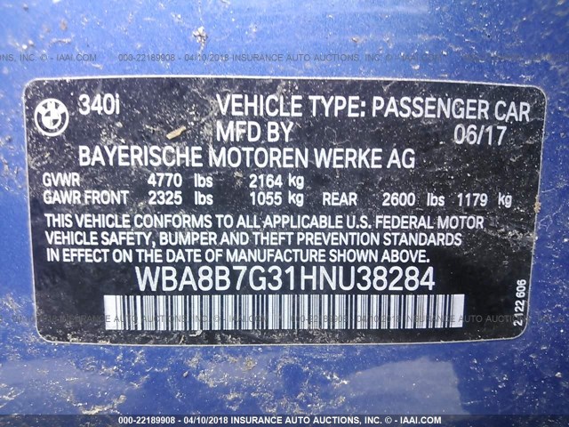 WBA8B7G31HNU38284 - 2017 BMW 340 XI BLUE photo 9