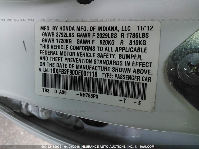 19XFB2F90DE001118 - 2013 HONDA CIVIC EXL WHITE photo 9