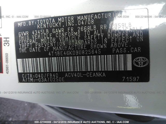 4T1BE46K09U825645 - 2009 TOYOTA CAMRY SE/LE/XLE 白色 照片 9