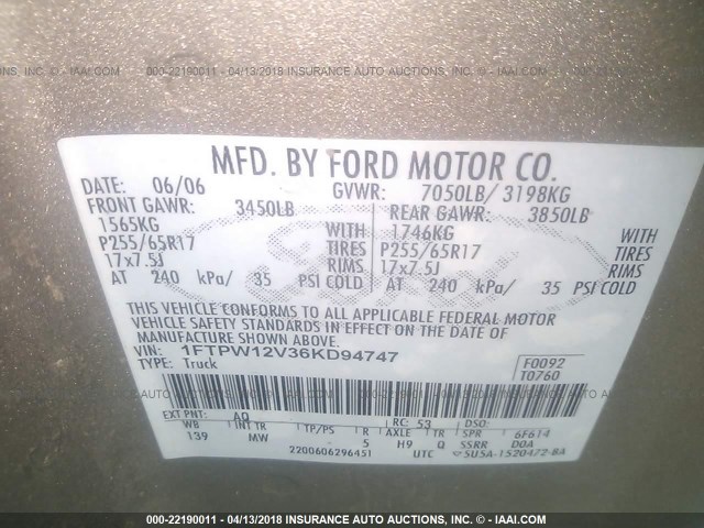 1FTPW12V36KD94747 - 2006 FORD F150 SUPERCREW GOLD photo 9