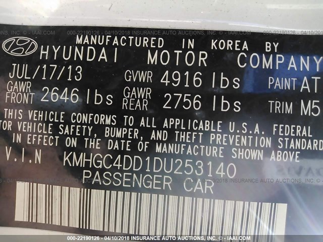 KMHGC4DD1DU253140 - 2013 HYUNDAI GENESIS 3.8L WHITE photo 9