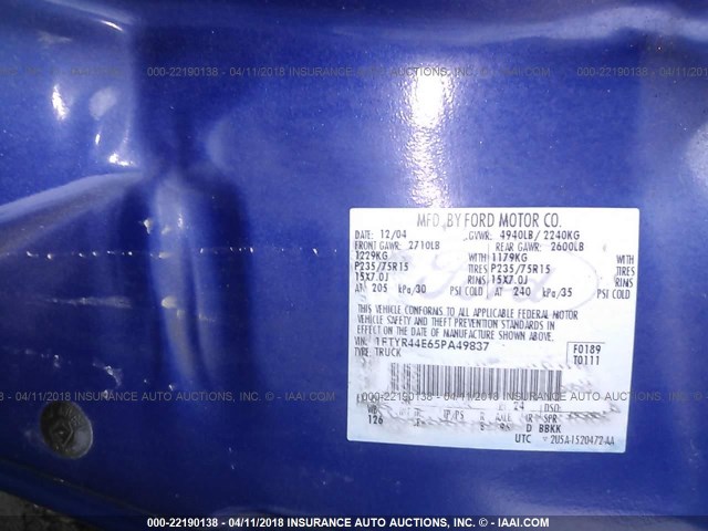 1FTYR44E65PA49837 - 2005 FORD RANGER SUPER CAB BLUE photo 9