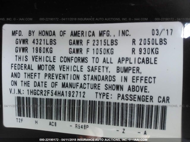 1HGCR2F54HA192712 - 2017 HONDA ACCORD SPORT 栗色 照片 9