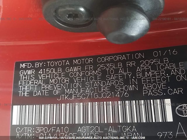 JTKJF5C71GJ021476 - 2016 TOYOTA SCION TC 红色 照片 9