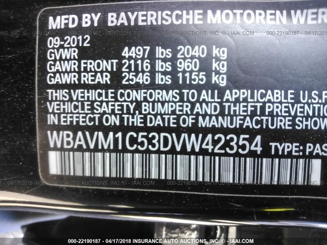 WBAVM1C53DVW42354 - 2013 BMW X1 SDRIVE28I BLACK photo 9