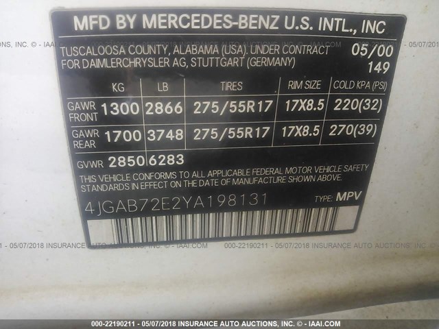 4JGAB72E2YA198131 - 2000 MERCEDES-BENZ ML 430 白色 照片 9