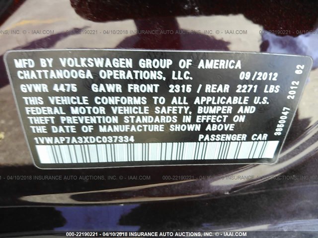 1VWAP7A3XDC037334 - 2013 VOLKSWAGEN PASSAT S MAROON photo 9