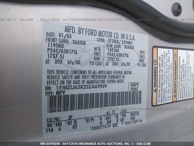 1FMZU63K23ZA69909 - 2003 FORD EXPLORER XLT/XLT SPORT/NBX BEIGE photo 9