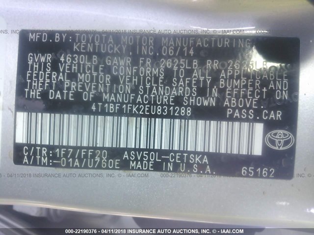 4T1BF1FK2EU831288 - 2014 TOYOTA CAMRY L/SE/LE/XLE 银色 照片 9