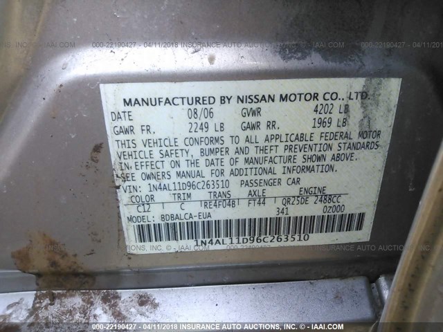 1N4AL11D96C263510 - 2006 NISSAN ALTIMA S/SL SILVER photo 9