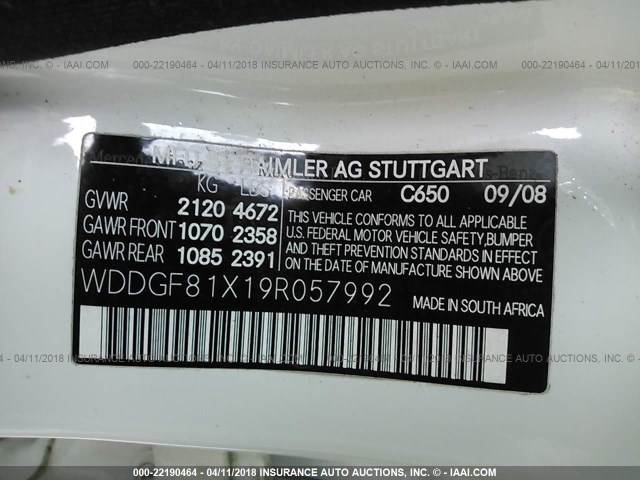 WDDGF81X19R057992 - 2009 MERCEDES-BENZ C 300 4MATIC WHITE photo 9