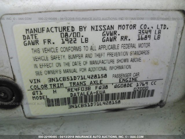 3N1CB51D71L428158 - 2001 NISSAN SENTRA XE/GXE WHITE photo 9