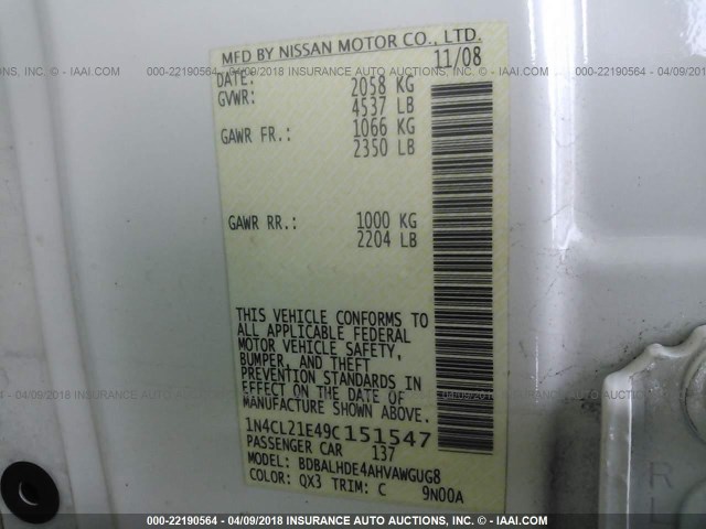 1N4CL21E49C151547 - 2009 NISSAN ALTIMA HYBRID WHITE photo 9