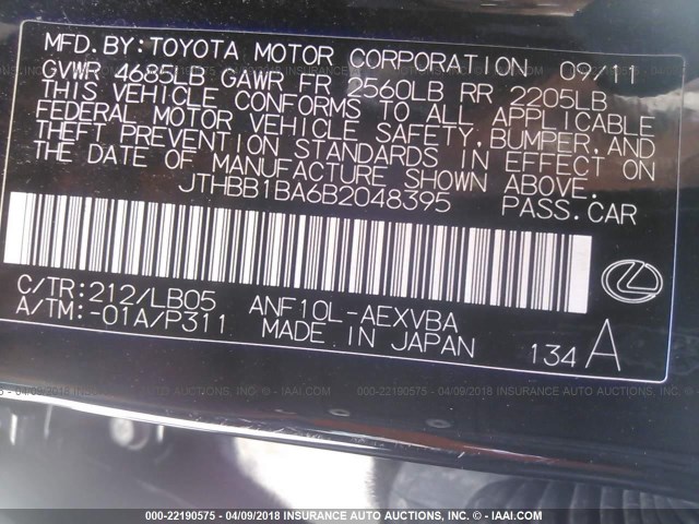 JTHBB1BA6B2048395 - 2011 LEXUS HS 250H BLACK photo 9