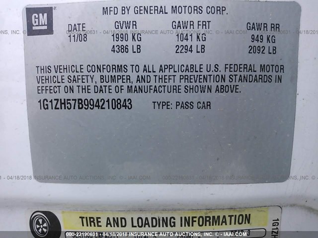 1G1ZH57B994210843 - 2009 CHEVROLET MALIBU 1LT 白色 照片 9