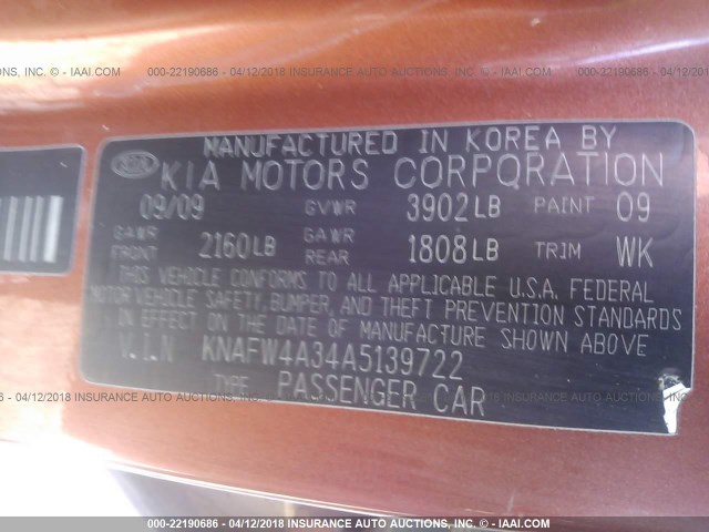 KNAFW4A34A5139722 - 2010 KIA FORTE SX ORANGE photo 9