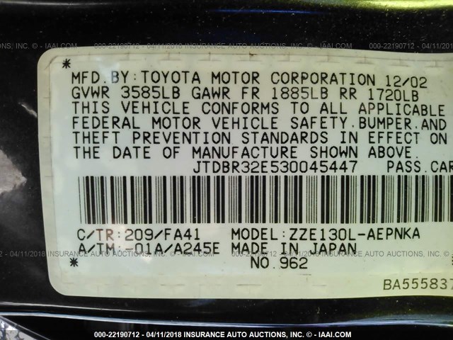 JTDBR32E530045447 - 2003 TOYOTA COROLLA CE/LE BLACK photo 9