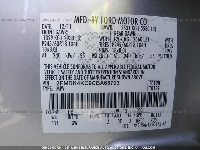 2FMDK4KC9CBA65793 - 2012 FORD EDGE LIMITED SILVER photo 9