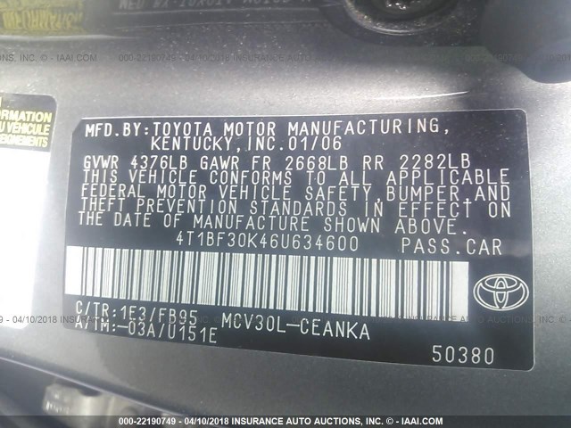 4T1BF30K46U634600 - 2006 TOYOTA CAMRY LE/XLE/SE 灰色 照片 9
