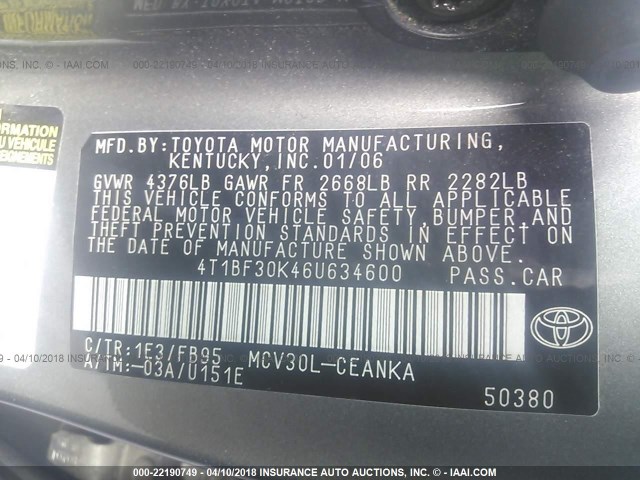 4T1BF30K46U634600 - 2006 TOYOTA CAMRY LE/XLE/SE GRAY photo 9