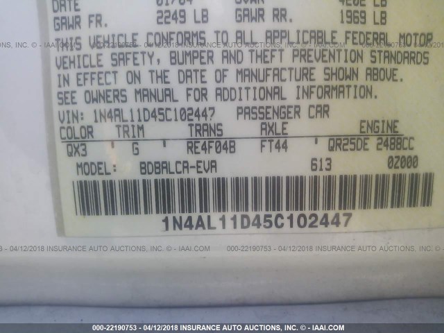 1N4AL11D45C102447 - 2005 NISSAN ALTIMA S/SL WHITE photo 9