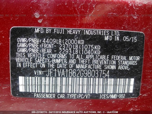 JF1VA1B62G9803754 - 2016 SUBARU WRX RED photo 9