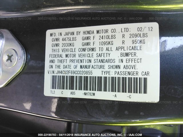 JH4CU2F69CC020855 - 2012 ACURA TSX TECH BLACK photo 9