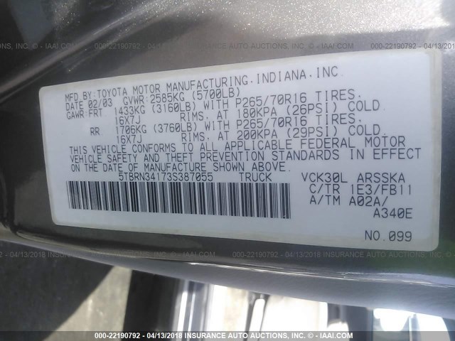 5TBRN34173S387055 - 2003 TOYOTA TUNDRA ACCESS CAB SR5 GRAY photo 9