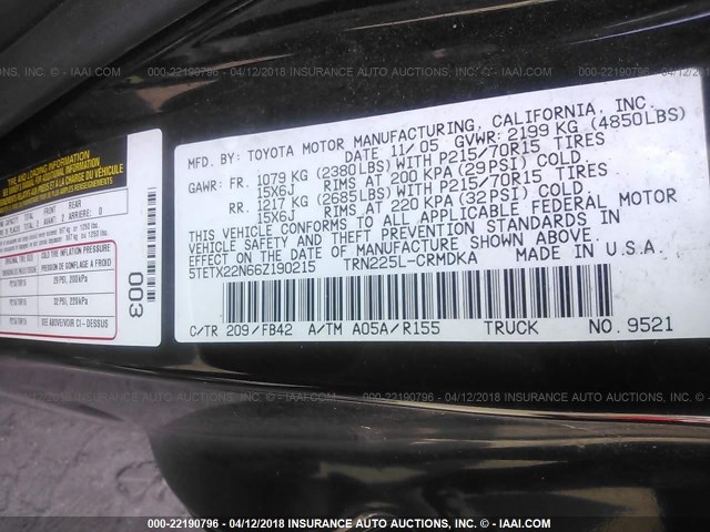 5TETX22N66Z190215 - 2006 TOYOTA TACOMA ACCESS CAB Қара фото 9