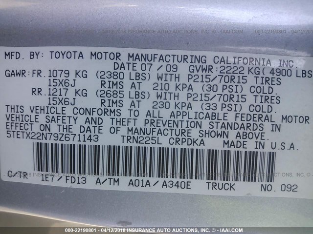 5TETX22N79Z671143 - 2009 TOYOTA TACOMA ACCESS CAB Silber Foto 9