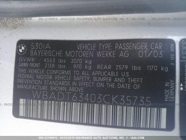 WBADT63403CK35735 - 2003 BMW 530 I AUTOMATIC GRAY photo 9