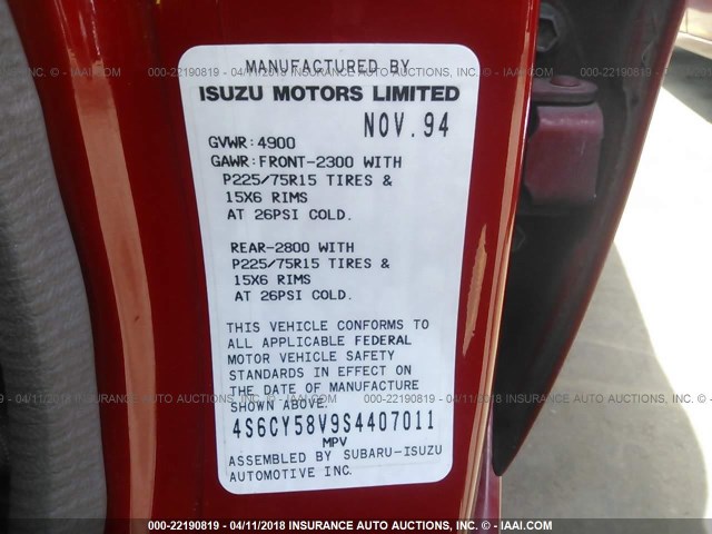 4S6CY58V9S4407011 - 1995 HONDA PASSPORT EX/LX 红色 照片 9