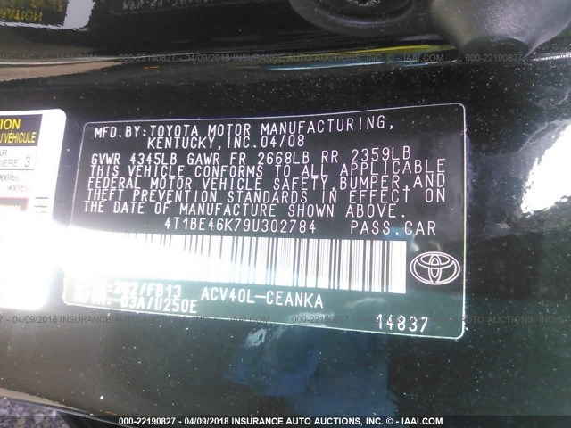 4T1BE46K79U302784 - 2009 TOYOTA CAMRY SE/LE/XLE შავი ფოტო 9