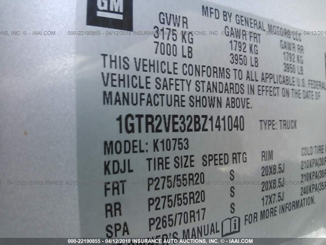 1GTR2VE32BZ141040 - 2011 GMC SIERRA K1500 SLE SILVER photo 9