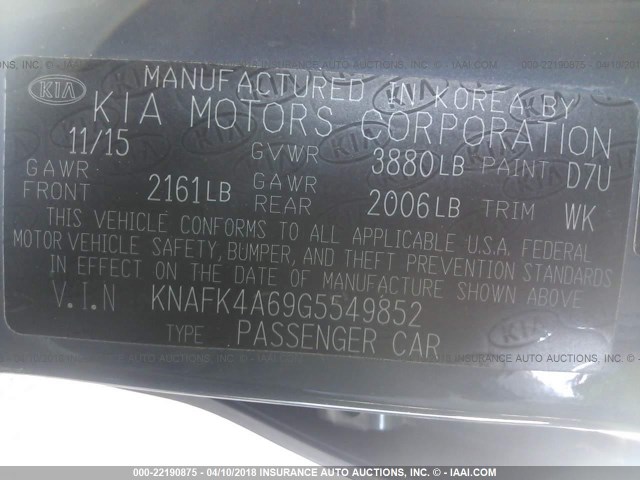 KNAFK4A69G5549852 - 2016 KIA FORTE LX GRAY photo 9