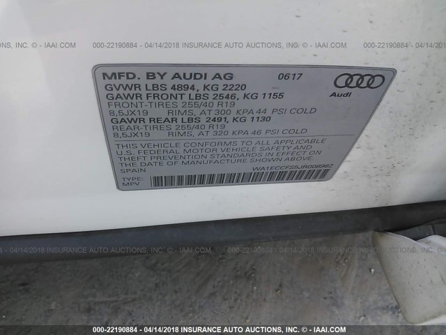 WA1ECCFS5JR008982 - 2018 AUDI Q3 PREMIUM WHITE photo 9