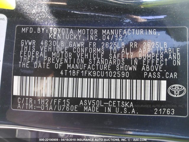 4T1BF1FK9CU102590 - 2012 TOYOTA CAMRY SE/LE/XLE 蓝色 照片 9