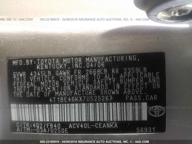 4T1BE46KX7U525267 - 2007 TOYOTA CAMRY NEW GENERAT CE/LE/XLE/SE GOLD photo 9