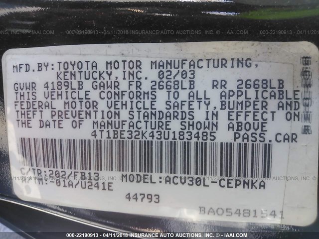 4T1BE32K43U183485 - 2003 TOYOTA CAMRY LE/XLE/SE BLACK photo 9