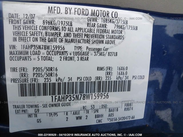 1FAHP35N78W159956 - 2008 FORD FOCUS SE/SEL/SES BLUE photo 9