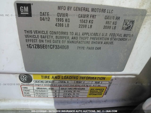 1G1ZB5E01CF334068 - 2012 CHEVROLET MALIBU LS WHITE photo 9