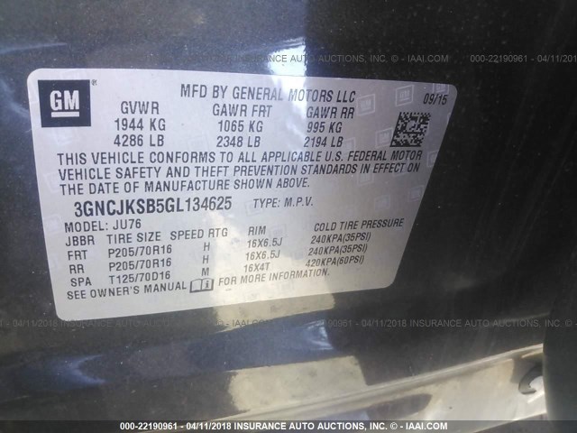 3GNCJKSB5GL134625 - 2016 CHEVROLET TRAX LS GRAY photo 9